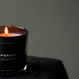 A PROSPERITY CANDLE by Predominantly Black, with a gentle flame casting a warm glow on a green background background.