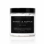 001 OUD SWEET & SUPPLE creamy whipped body soap in a clear jar; coconut and oud fragrance — Predominantly Black