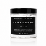 001 OUD SWEET & SUPPLE creamy whipped body soap in a clear jar; coconut and oud fragrance — Predominantly Black