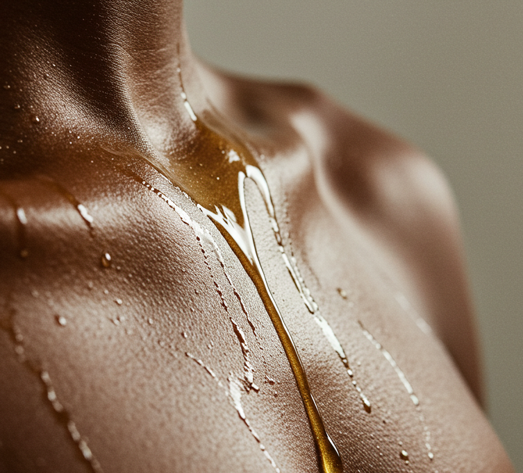 Moisturizing body oil dripping over a shoulder — Predominantly Black