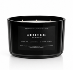 DEUCES soy-coconut scented candle in a wide black vessel; citronella and lemongrass fragrance — Predominantly Black