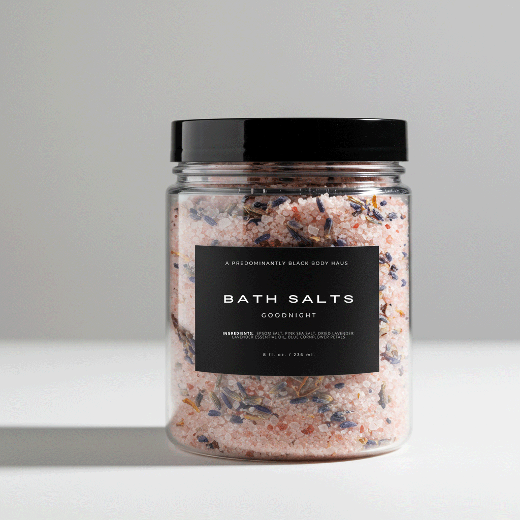 GOODNIGHT bath salts in a clear jar; lavender fragrance — Predominantly Black