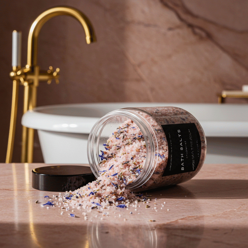 GOODNIGHT bath salts spilling from a jar beside a bath; lavender fragrance — Predominantly Black