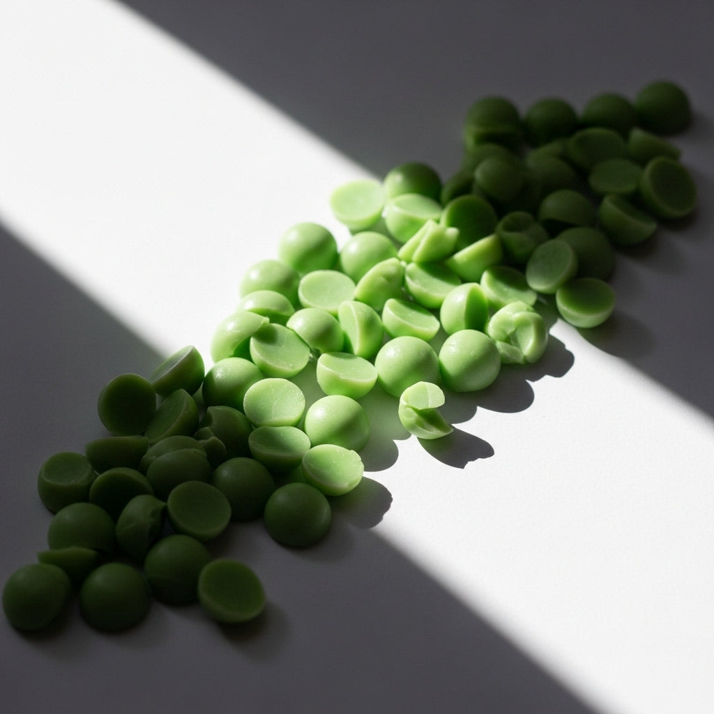 MADNESS Wax Melt: green scented wax melt pieces on white; fig and currant fragrance — Predominantly Black