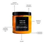 NEW SKIN foaming turmeric body scrub ingredient diagram — Predominantly Black