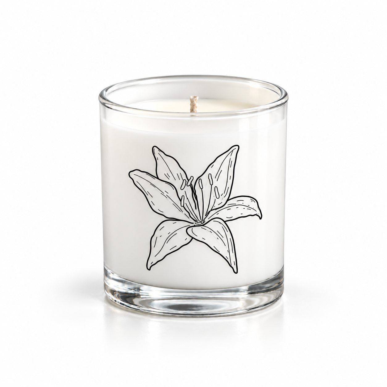 OPEN soy-coconut scented candle in clear glass with a botanical illustration; sea salt and jasmine fragrance — Predominantly Black