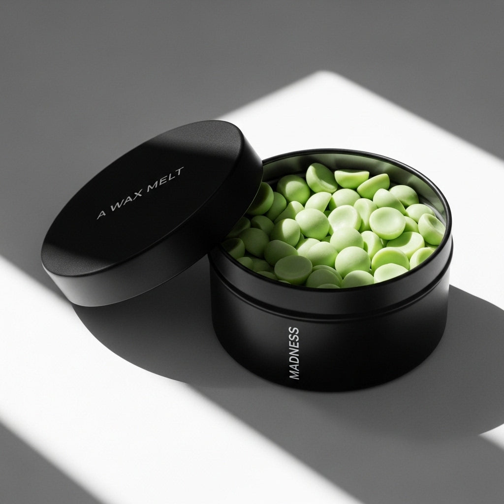 Open MADNESS scented wax melt tin with green pieces; fig and currant fragrance — Predominantly Black