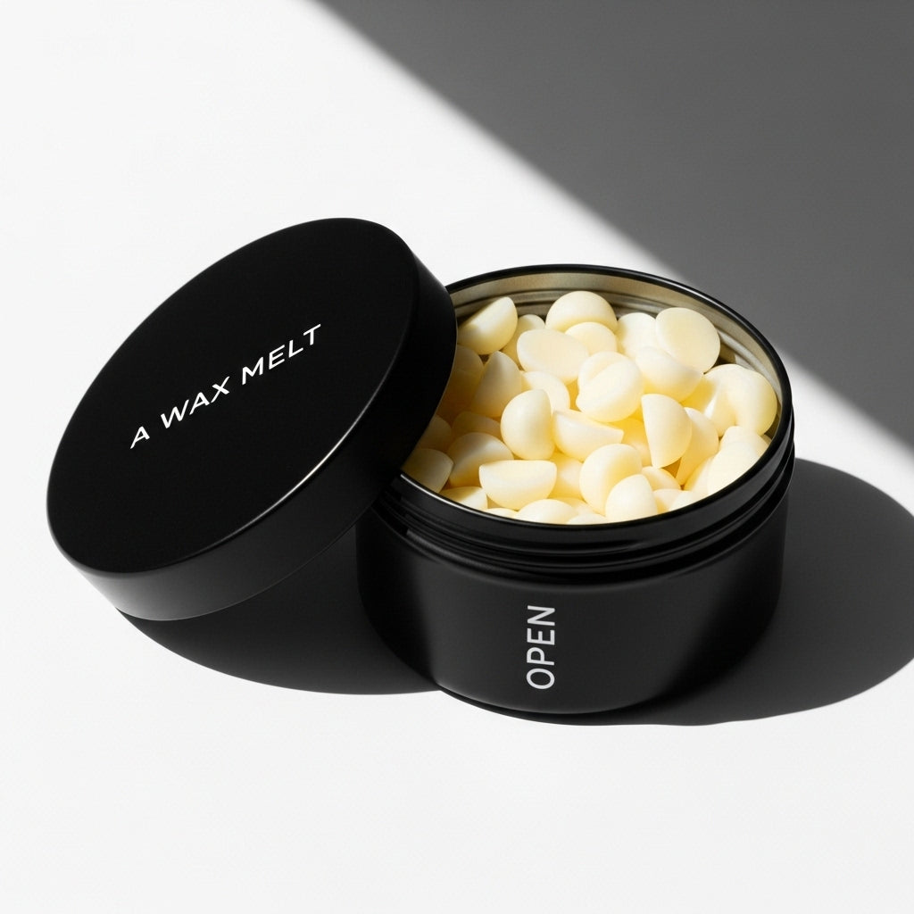 Open OPEN scented wax melt tin with yellow pieces; sea salt and jasmine fragrance — Predominantly Black