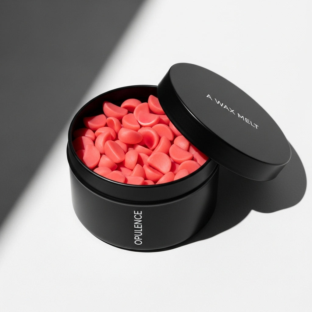 Open OPULENCE scented wax melt tin with red pieces; rose and black oud fragrance — Predominantly Black