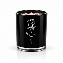 OPULENCE black glass soy-coconut scented candle with a rose illustration; rose and black oud fragrance — Predominantly Black