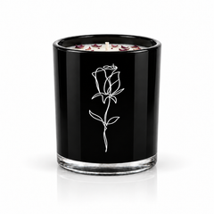 OPULENCE black glass soy-coconut scented candle with a rose illustration; rose and black oud fragrance — Predominantly Black