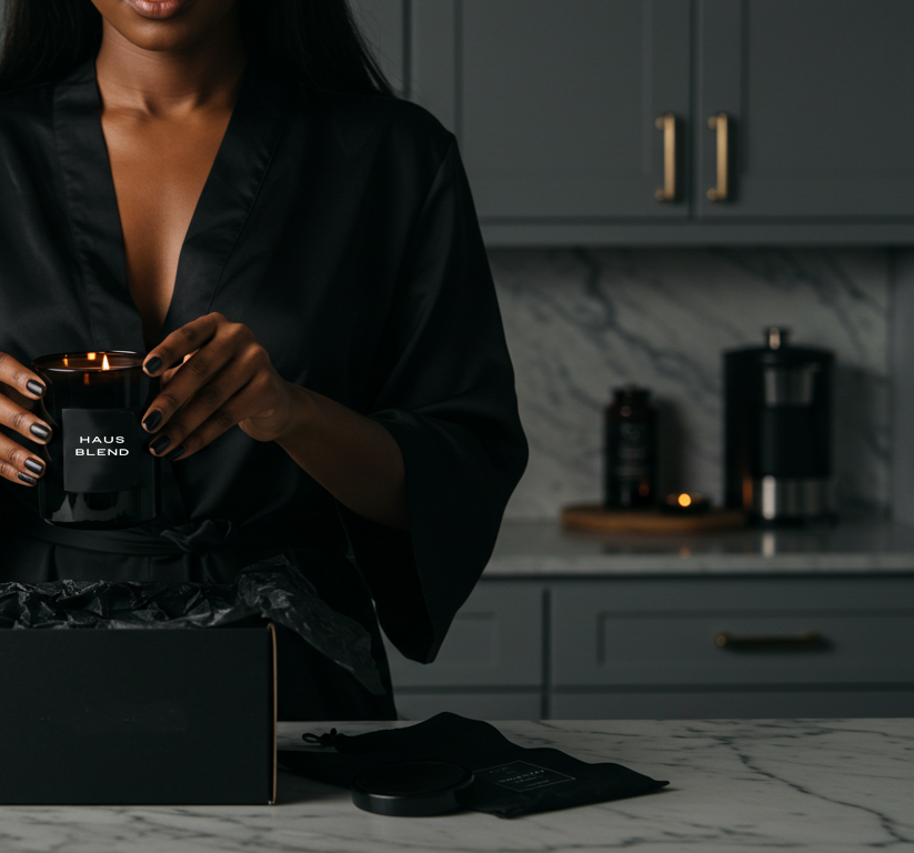 HAUS DISCOVERY soy-coconut scented candle Subscription: person holding a candle in a dark interior — Predominantly Black