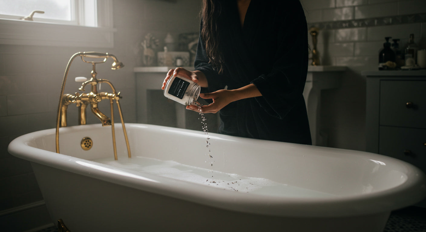 GOODNIGHT Bath Salts for Evening Wind-Down: person sitting beside a bathtub; lavender fragrance — Predominantly Black