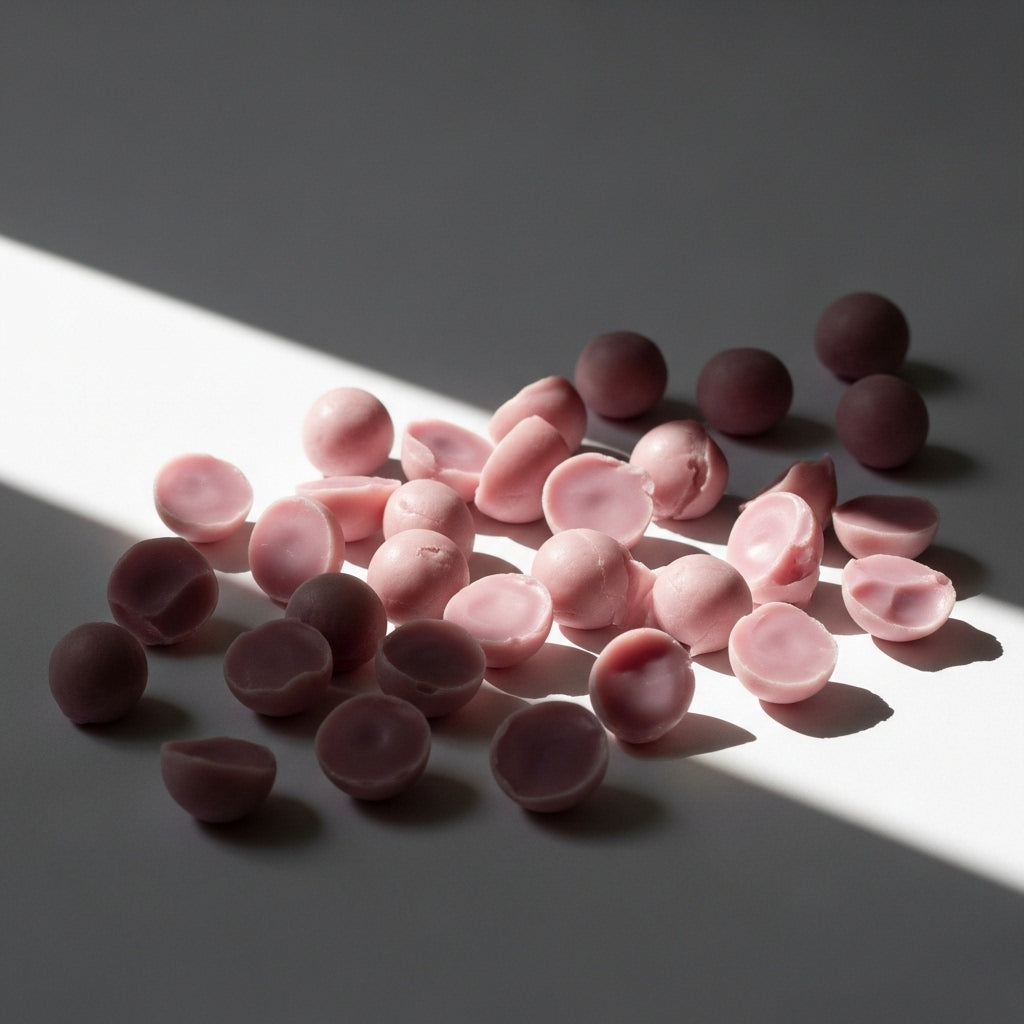 PATCHOULI + LINEN Wax Melt: pink scented wax melt pieces arranged in directional light; patchouli and linen fragrance — Predominantly Black