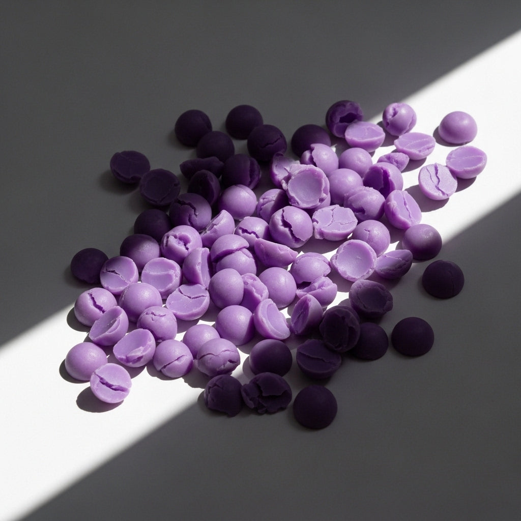 SUBTLE Wax Melt: purple scented wax melt pieces on white; coconut and vanilla fragrance — Predominantly Black