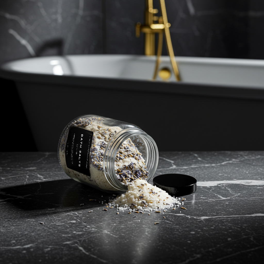 SOLITUDE bath salts spilling beside a bathtub; buttermilk and lavender fragrance — Predominantly Black