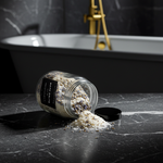 SOLITUDE bath salts spilling beside a bathtub; buttermilk and lavender fragrance — Predominantly Black