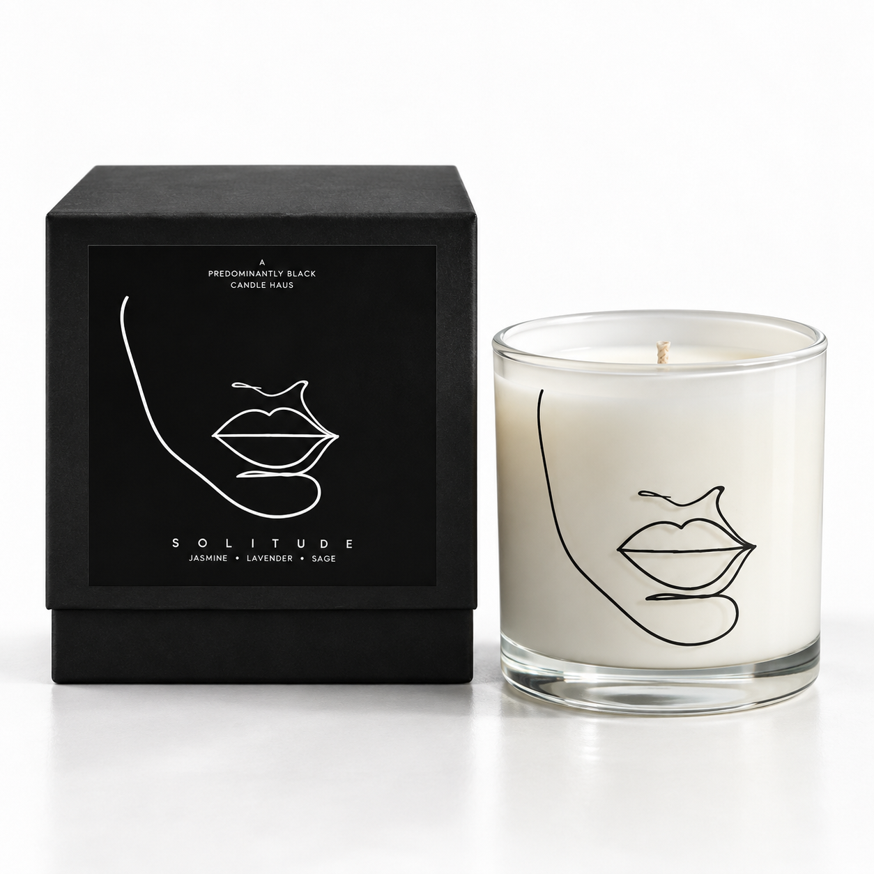 SOLITUDE illustrated soy-coconut scented candle beside its black presentation box; sage and lavender fragrance — Predominantly Black